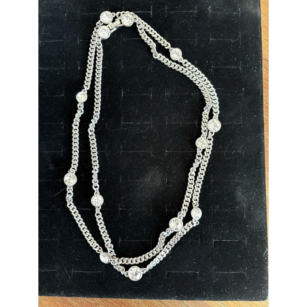 VTG Givenchy Silver Tone Station Chain Necklace‎ Diamond Rhinestone Signed 38